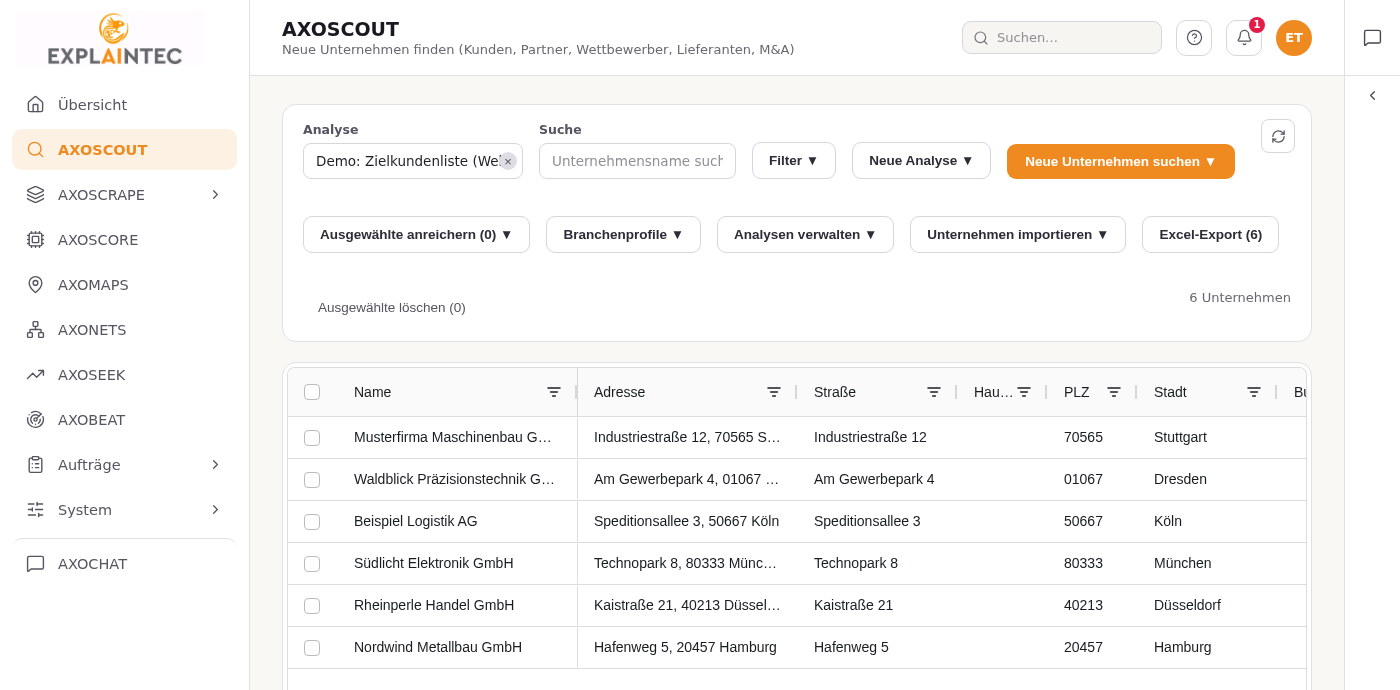 EXPLAINTEC Dashboard: AXOSCOUT-Firmenliste mit Potenzial-Score